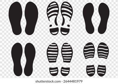 Black And White Shoe Prints Sole Pattern Collection Vector Illustration isolated on transparent background.