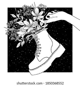 Black and white shoes with flowers. Vector Illustration.