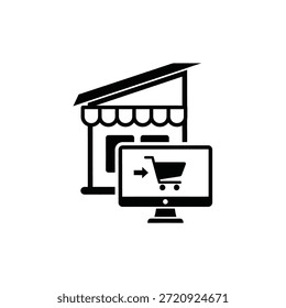 Blanco y negro de una tienda con una computadora y una tienda de símbolos de Carrito de compras