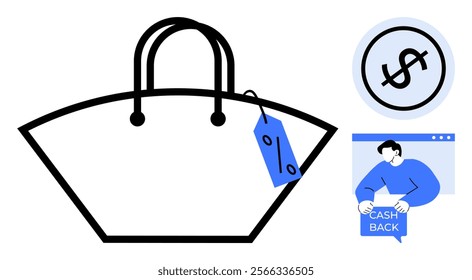 Black and white shopping bag with a blue discount tag, a dollar symbol with a line through it, and a person holding a cash back sign. Ideal for e-commerce, sales, discounts, shopping deals