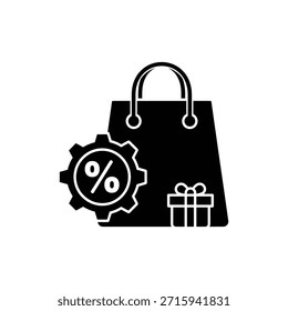 Icono sólido del bolso de compras en blanco y negro con el símbolo del porcentaje del descuento