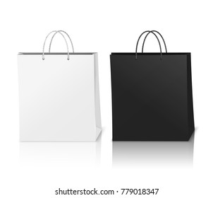 Bolsas de compras blancas y negras se burlan de la composición realista con sombras en ilustración vectorial de estilo 3d