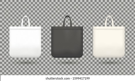 Black and white shopping bags realistic illustrations set. Charcoal black and ivory spunbond ecobags collection. Disposable, eco friendly bags with handles isolated on transparent background