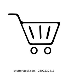 A black and white shopping cart icon, symbolizing online shopping, retail, and commerce.