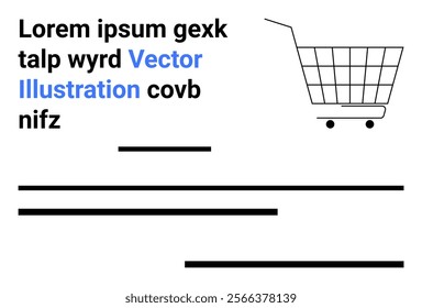 Black and white shopping cart with text and lines above and below. Ideal for e-commerce websites, digital marketing, online shop promotions, e-business, and landing pages. Landing page