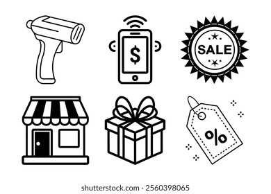 Black and White Shopping and E-Commerce Icon Set Barcode Scanner, Sale, Payment, Gift, and Store Graphics