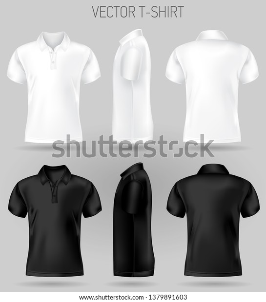 black and white short\
sleeve polo shirt design templates front, back, and side views .\
vector t-shirt mock up