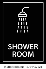 Black and white shower room with waters shadow signage illustration silhouette isolated on rectangle background. Simple flat cartoon styled drawing