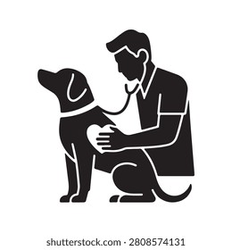 A black and white showing a veterinarian using a stethoscope to examine a dog's heart. The is clean, minimalist, and isolated on a white background for clear visibility.
