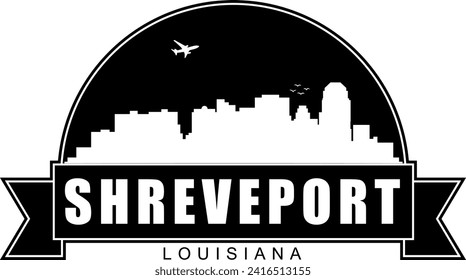 Black and white Shreveport Louisiana buildings skyline negative air space silhouette dome shaped emblem with scroll banner below and name text inside. Vector eps graphic design.