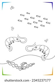 Black and white shrimp, seaweed Coloring page for kids. Marine underwater inhabitants vector illustration. Printable for kids. Worksheet for children. Coloring book Black outlines sea life.