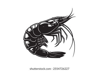 Black and White Shrimp Silhouette Simple Line Art Shrimp Illustration