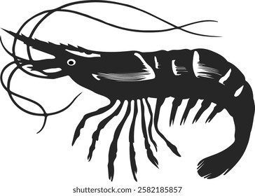 black and white shrimps fish vector icon illustration 