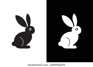Black white side silhouette of a rabbit isolated on white black background.