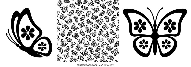 Black and white side view stylized monarch butterfly vector set with floral wings and seamless pattern with butterflies and flower elements. Elegant background is perfect for nature-inspired designs