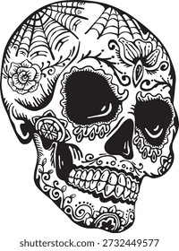 Black and White Side View Sugar Skull Ornamental Tattoo Line Art Illustration
