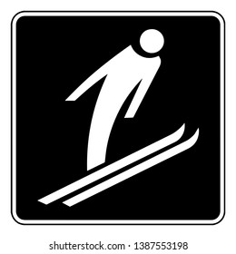 A black and white sign board, showing a person doing skiing jump, vintage line drawing or engraving illustration.