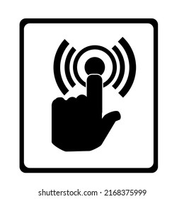 Black and white sign, please ring the bell.hand and circle radiating.Isolated vector illustration on a white background. svg