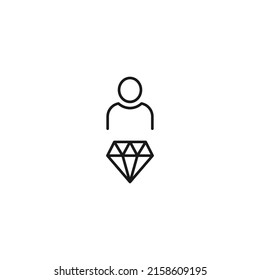 Black and white sign suitable for advertisement, web sites, stores, shops, apps. Editable stroke drawn with thin black line. Vector icon of user next to diamond 