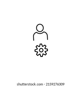 Black and white sign suitable for advertisement, web sites, stores, shops, apps. Editable stroke drawn with thin black line. Vector icon of user next to gear or cogwheel 