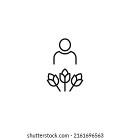 Cartel blanco y negro adecuado para publicidad, sitios web, tiendas, tiendas, aplicaciones. Actrazo editable dibujado con una delgada línea negra. Icono vector del usuario al lado del ramo de flores 