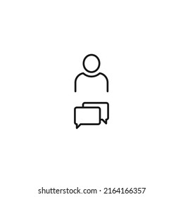 Cartel blanco y negro adecuado para publicidad, sitios web, tiendas, tiendas, aplicaciones. Actrazo editable dibujado con una delgada línea negra. Icono vector del usuario junto a burbujas de voz rectangulares 