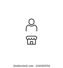 Black and white sign suitable for advertisement, web sites, stores, shops, apps. Editable stroke drawn with thin black line. Vector icon of user next to store or shop 