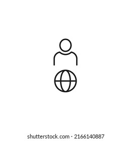 Black and white sign suitable for advertisement, web sites, stores, shops, apps. Editable stroke drawn with thin black line. Vector icon of user next to earth planet 