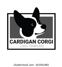 Black and white sign template with stylized vector drawing of head of dog Welsh Corgi breed