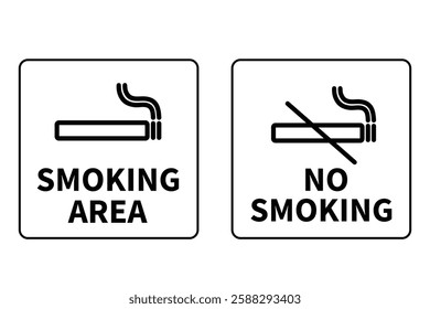 Black and white signage indicating designated smoking and no smoking areas, featuring a cigarette icon with and without a prohibition symbol.	
