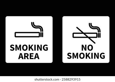 Black and white signage indicating smoking and no smoking areas, featuring a cigarette icon with and without a prohibition symbol on a dark background.	
