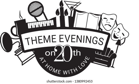 Black and white signboard with many art attributes for the place for art parties with aperitif and scene. 