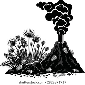 Black and white silhouette of an active volcano erupting smoke surrounded by ferns and rocks. Perfect for nature, geology and prehistoric themes.