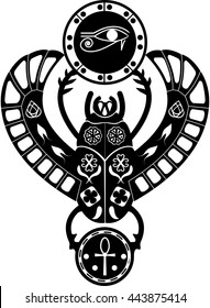 Black And White silhouette ancient Egyptian symbol, amulet, traditional religious scarab beetle with patterns and ornaments radical Egyptian culture.