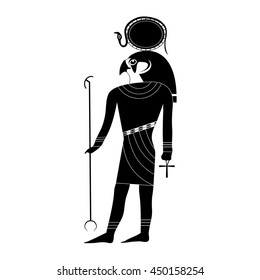 Black and white silhouette of the ancient Egyptian god Ra in ancient traditional style with a falcon's head, the sun on his head and a snake in the hands of staff and ankh