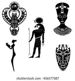 Black - White silhouette of the ancient Egyptian god Ra, Pharaoh Nefertiti or Cleopatra, scarab beetle, an African woman with a baby and shamanic tribal mask with family patterns and ornaments.