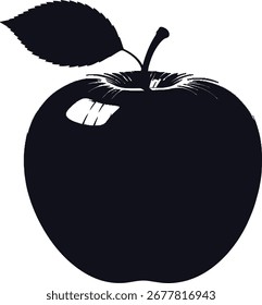 A black and white silhouette of an apple with a leaf.