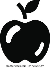 Black and white silhouette of an apple with a stem on top.