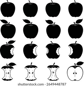Black and white silhouette of assorted apples – elegant apple vector clipart featuring various fruit shapes – minimal isolated icons, simple outline and graphic flat design for nature or food themes

