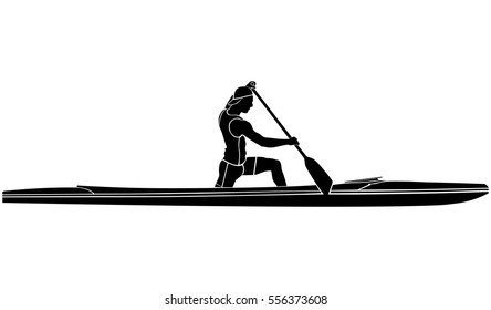 black and white silhouette athlete sports canoe with paddle
