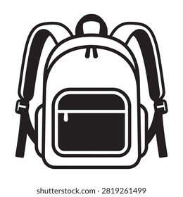 A black and white silhouette of a backpack, isolated on a white background, representing school, travel, or outdoor gear.