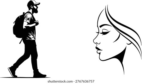Black and white silhouette of a bearded man walking with a backpack towards a beautiful woman profile face, minimalist vector.