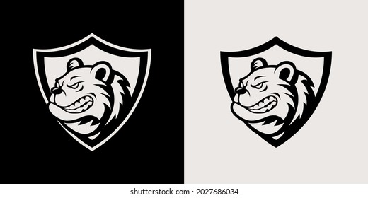 Black and white silhouette of a bear's head in a shield, suitable for team logo, community logo, e-sport logo, game logo.