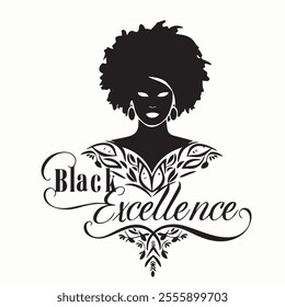 Black and white silhouette of a beautiful African American woman with afro hairstyle. Vector illustration