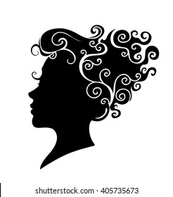 Black and white silhouette beautiful fashionable  womans head. Emblem hairdresser and spa salon. Nice face with curluy hair.