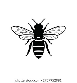 Black and white silhouette of a bee with striped body and wings outspread