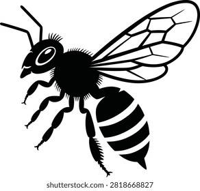 Black and white silhouette of a bee with striped abdomen and segmented wings insect