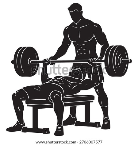 Black and white silhouette of a bench press workout with a spotter assisting. Ideal for gym, fitness, strength training, and bodybuilding visuals.