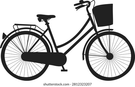 Black and white silhouette of a bicycle with a front basket and rear rack bike transport