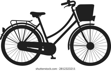 Black and white silhouette of a bicycle with a front basket and rear rack bike transport